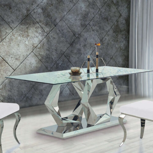 Mesa comedor acero cromada cristal transparente.